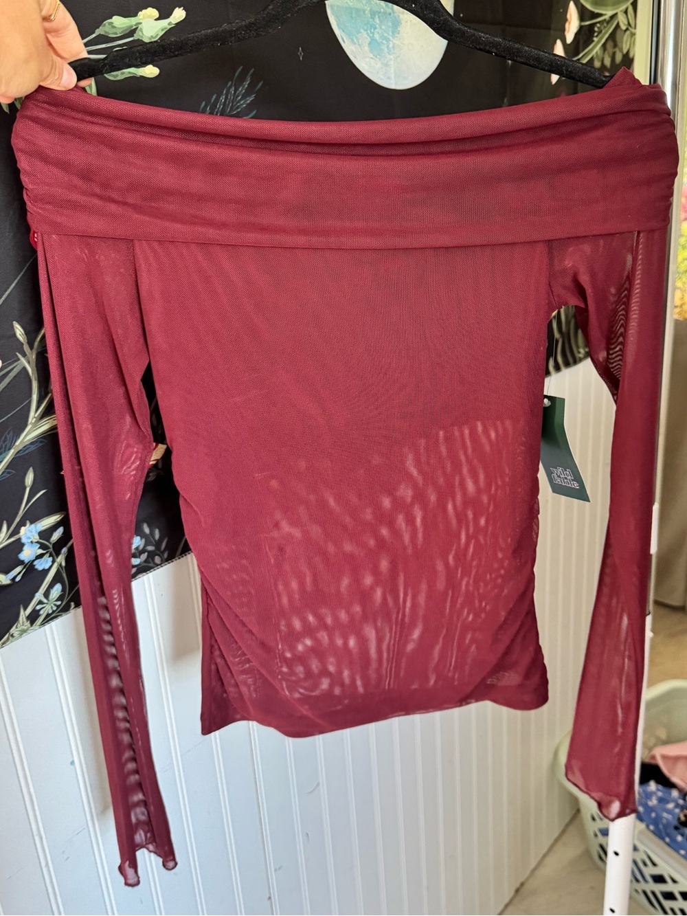 wild fable Burgundy Sheer Cowl-Neck Long Sleeve Top